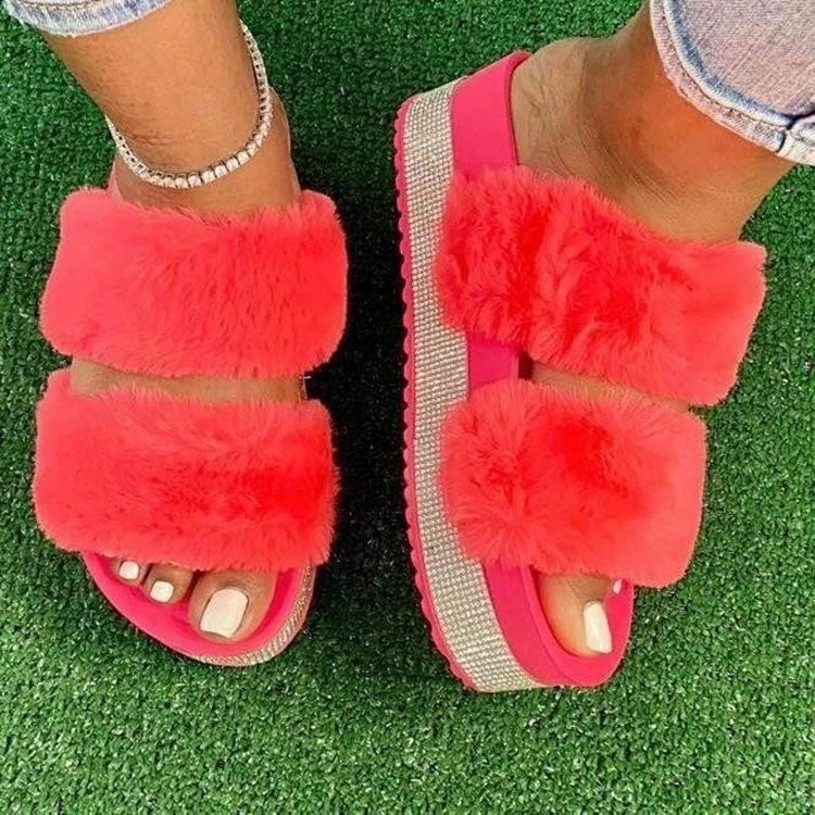 Sys016 Luxury Sandal Slipper Women Fuzzy Furry Slides with Fur Platform Bling Rhinestone Colorful Fluffy Faux Fur Slide