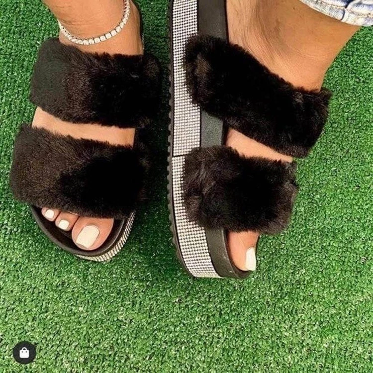Sys016 Luxury Sandal Slipper Women Fuzzy Furry Slides with Fur Platform Bling Rhinestone Colorful Fluffy Faux Fur Slide