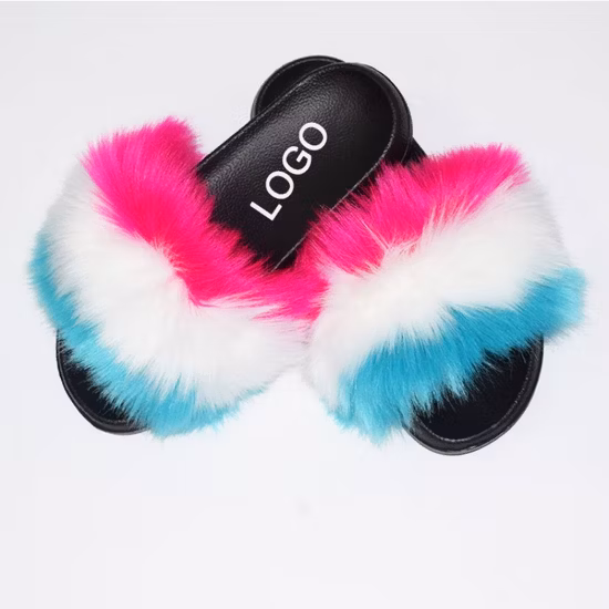 Sys016 Luxury Sandal Slipper Women Fuzzy Furry Slides with Fur Platform Bling Rhinestone Colorful Fluffy Faux Fur Slide